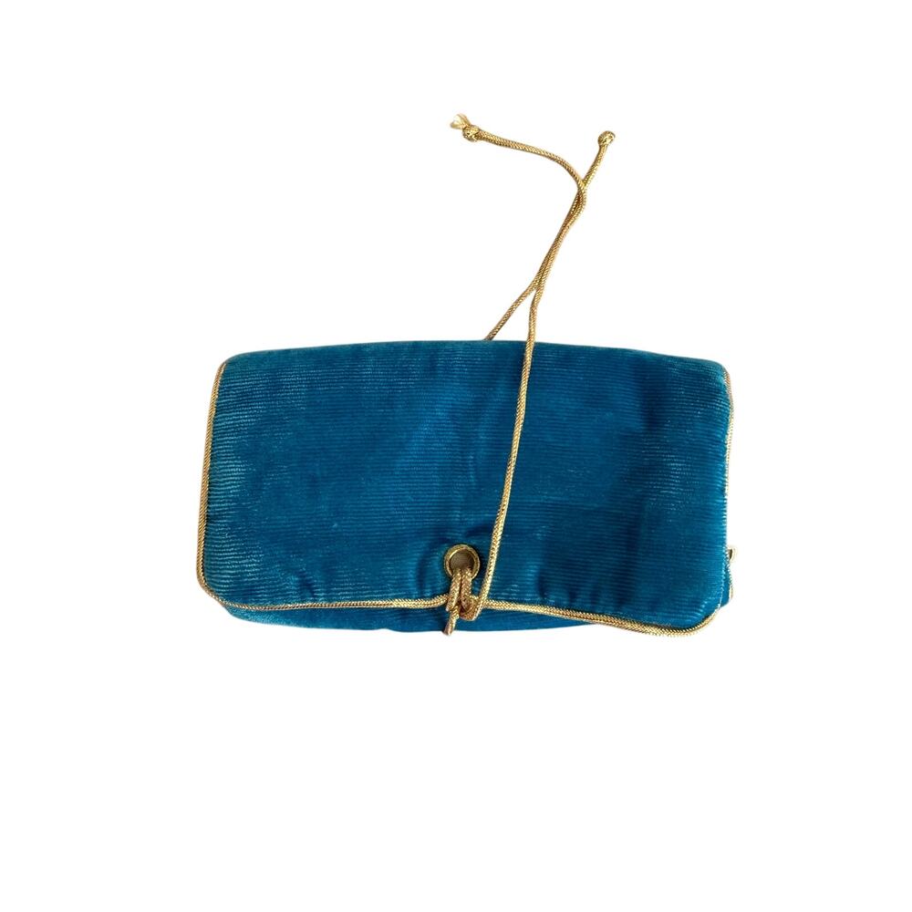 Vintage Teal Velvet Travel Jewelry Roll Organizer Gold Cord Three Zipper Pockets
